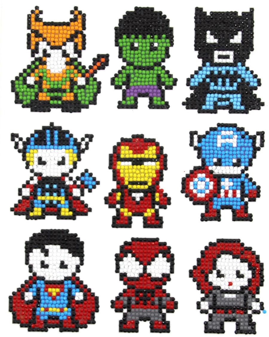 Pixel superheroes diamond painting sticker kit with comic inspired hero character designs