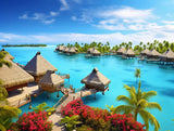Thatched overwater bungalows linked by walkways above clear turquoise water