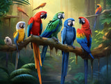 Colourful parrots perched on a large branch in green, blue, red tones in a wooded, foliage-filled scene