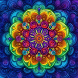 Rainbow floral mandala with swirling blue, green, magenta and orange patterns