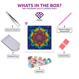 Rainbow Mandala Swirls diamond painting kit with canvas, drills, tray, pen and wax