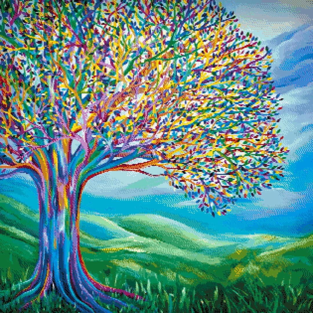 Rainbow Tree artwork shown as a completed diamond painting preview