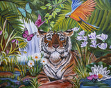 Tiger among tropical flowers and butterflies beside a rainforest waterfall
