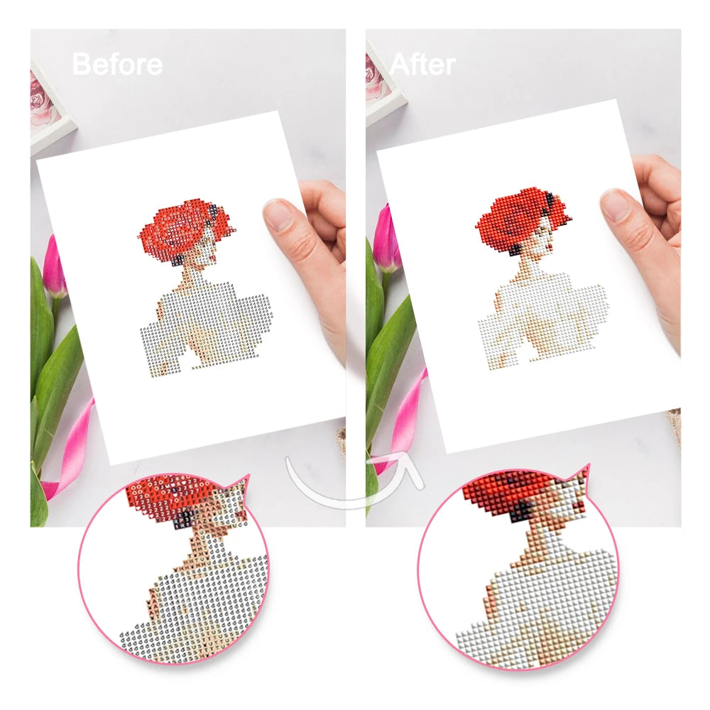 Before and after view of a Red Rose Fashion mini diamond painting design
