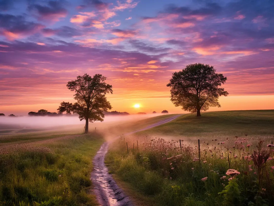 narrow winding path through open grassy fields beneath a colourful sky in outdoor landscape