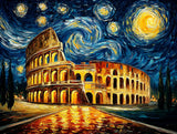Multi-level oval building with golden arches beneath a deep blue night sky