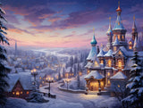 Ornate domed building with snow-covered roofs and warmly lit windows
