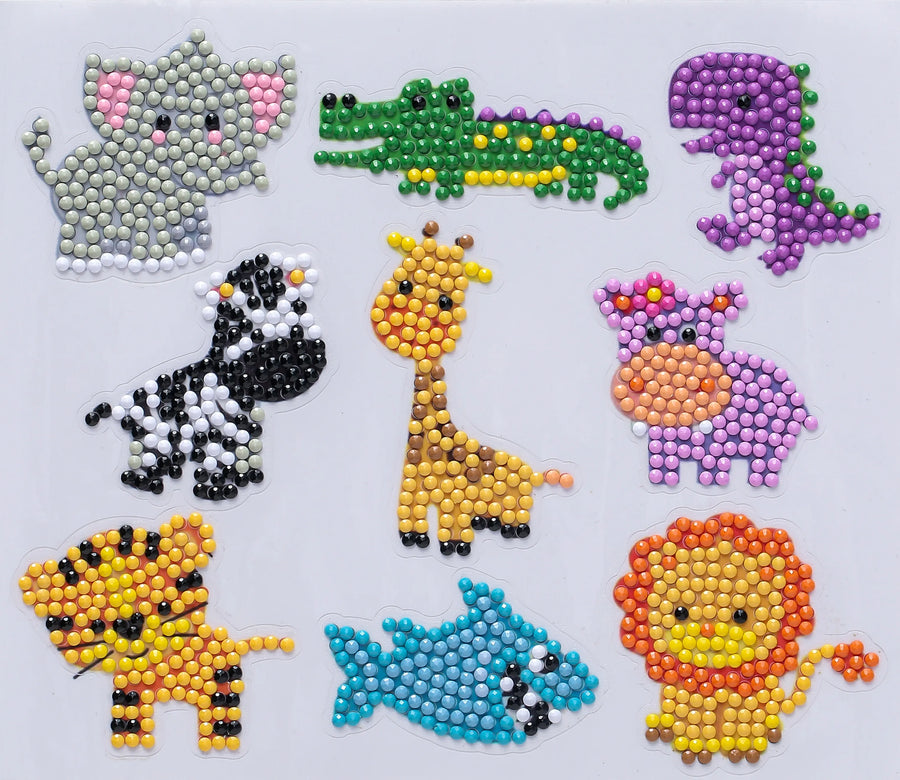 Safari animal friends diamond painting sticker kit with elephant crocodile zebra giraffe tiger fish hippo and lion designs