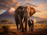 Large elephant and smaller companion facing forward in golden grassland