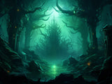 Dark spire surrounded by twisting branches in teal and turquoise