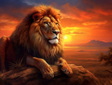 Male lion resting on a rock ledge in warm orange and golden light