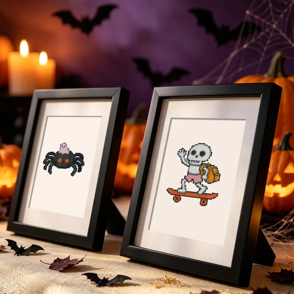 Completed Spooky Halloween Icons mini diamond painting shown as framed decor