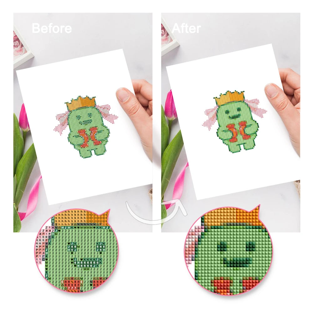 Before and after view of a Spooky Halloween Icons mini diamond painting design