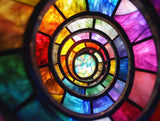 Jewel-coloured stained-glass-style kaleidoscope spiral with dark outlines around each panel