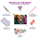 Stained Glass Kaleidoscope diamond painting canvas with tweezers, applicator pen, tray, wax and coloured drills