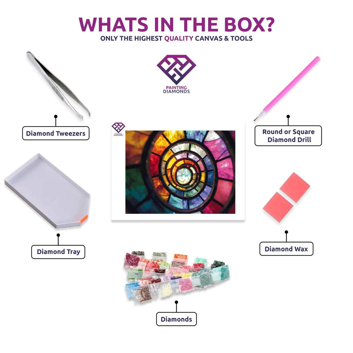 Stained Glass Kaleidoscope diamond painting canvas with tweezers, applicator pen, tray, wax and coloured drills
