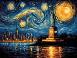 nighttime cityscape featuring the Statue of Liberty
