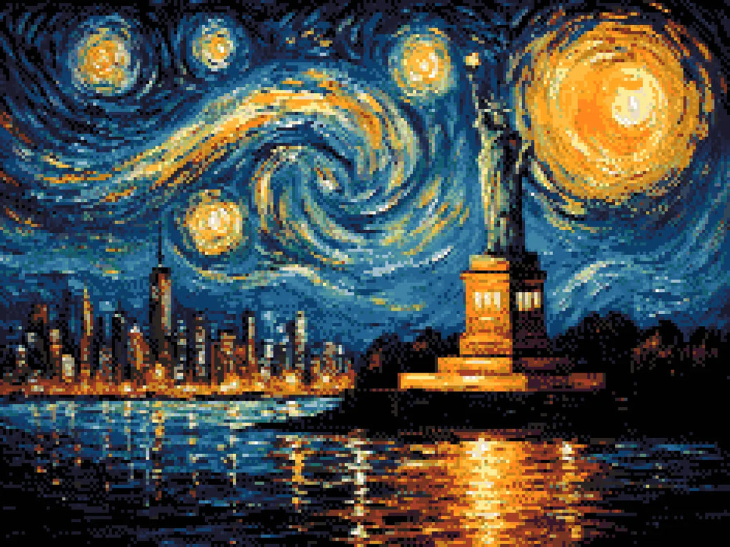nighttime cityscape featuring the Statue of Liberty