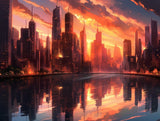 Tall city skyline glowing orange and gold against a dark sky