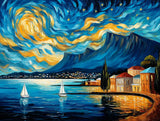 Two sailboats on calm water beneath a swirling blue and golden night sky