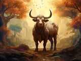 Large horned bull facing forward in brown, orange and golden light