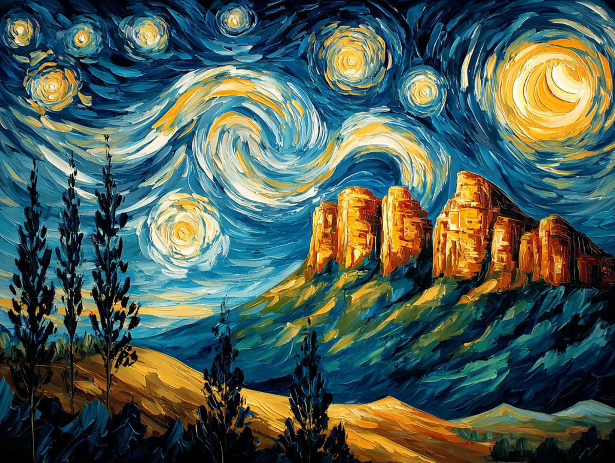 Orange rock formations beneath swirling blue clouds and golden stars