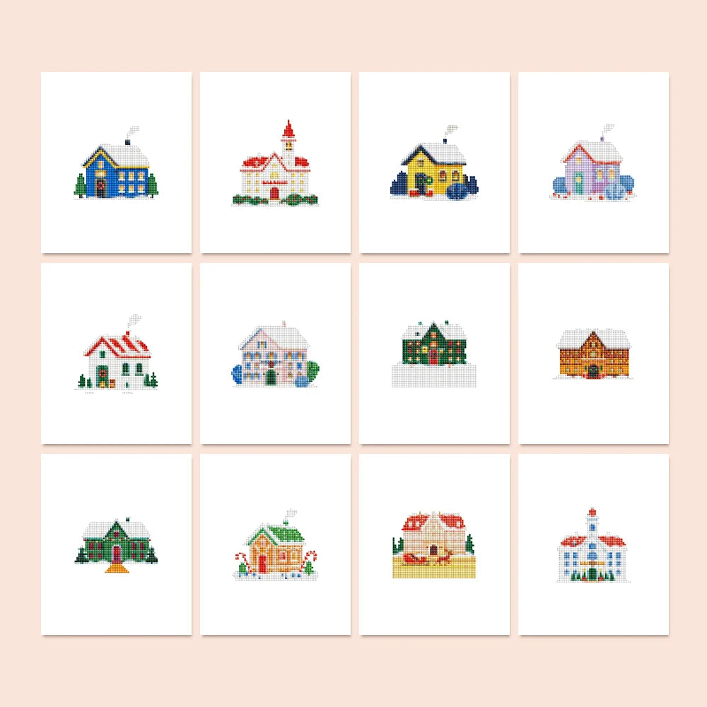 Tiny Village Houses Mini Diamond Painting Set – 12 Pack