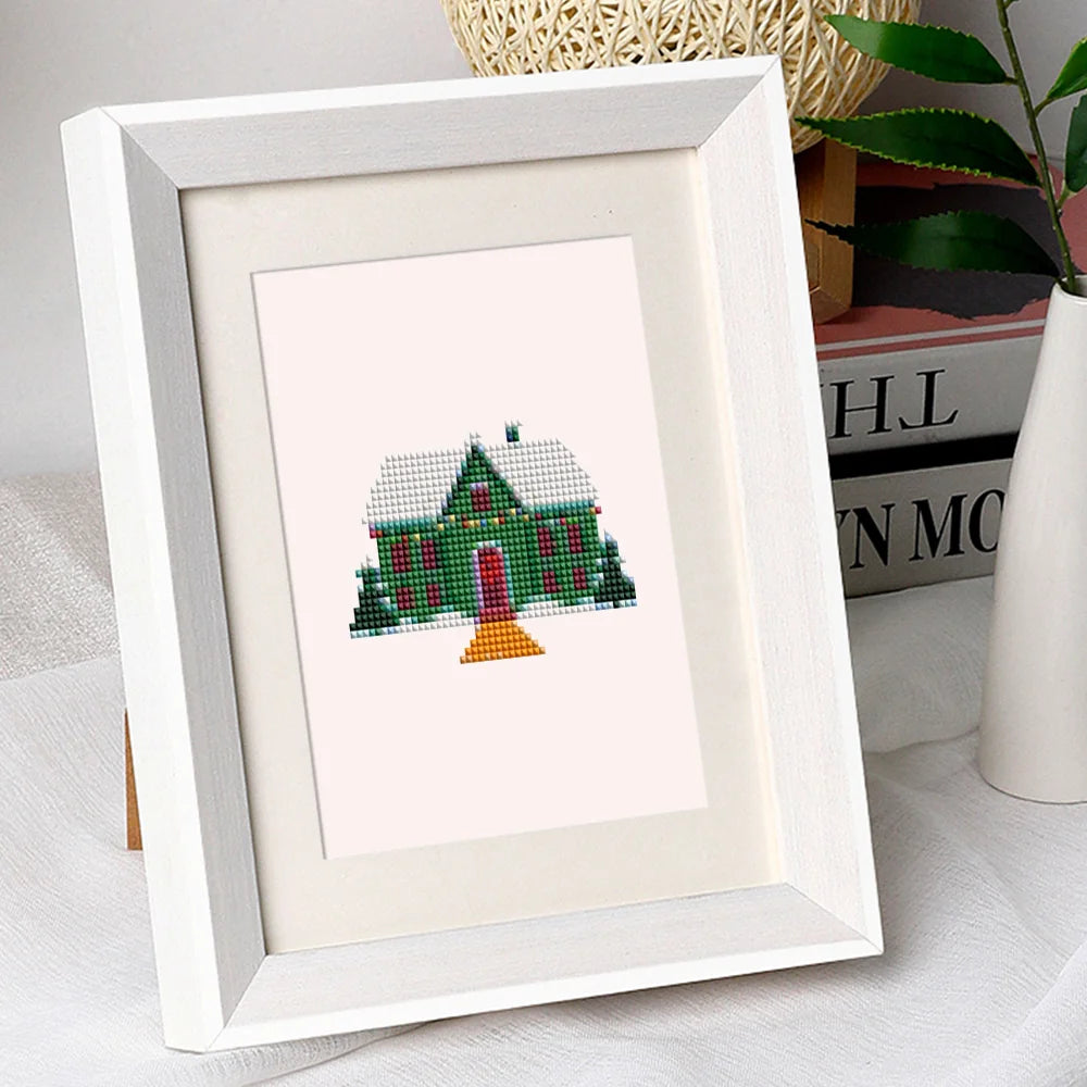Tiny Village Houses mini diamond painting design displayed in a decorative room setting