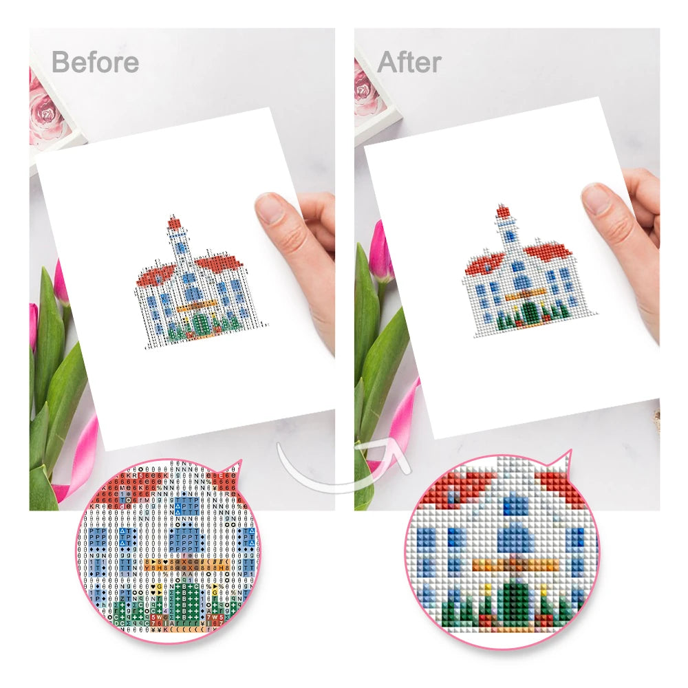 Before and after view of a Tiny Village Houses mini diamond painting design