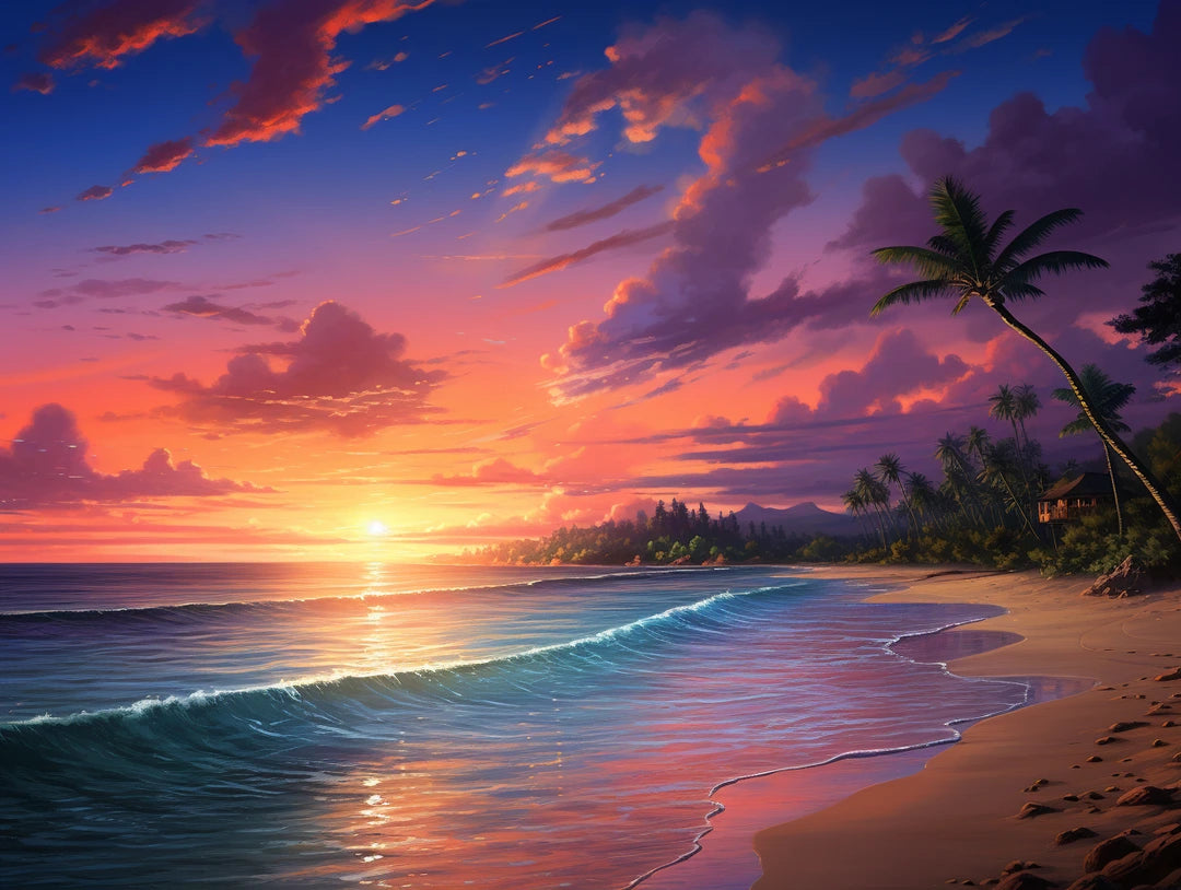 Low sun above rolling waves and a curving pink and purple shoreline