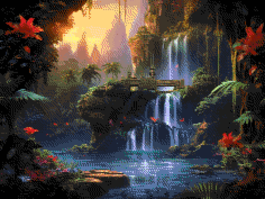 Tropical Oasis Retreat artwork shown as a completed diamond painting preview