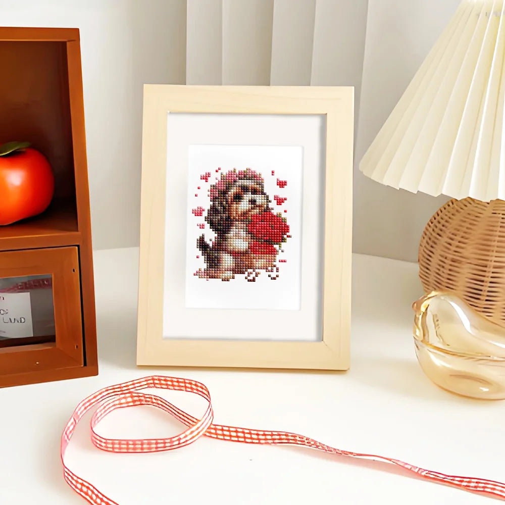 Completed Valentine Pets mini diamond painting shown as framed decor