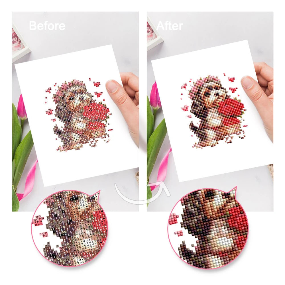 Before and after view of a Valentine Pets mini diamond painting design