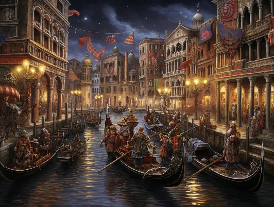 Narrow boats and ornately dressed figures along a canal with golden lights