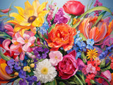 Dense bouquet of colourful flowers in pink, orange and yellow