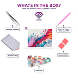 Vibrant Paint Splashes diamond painting canvas with tweezers, applicator pen, tray, wax and coloured drills