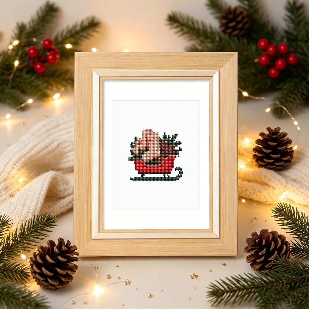 Completed Vintage Christmas Village mini diamond painting shown as framed decor