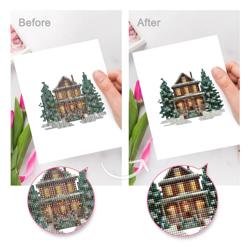 Before and after view of a Vintage Christmas Village mini diamond painting design