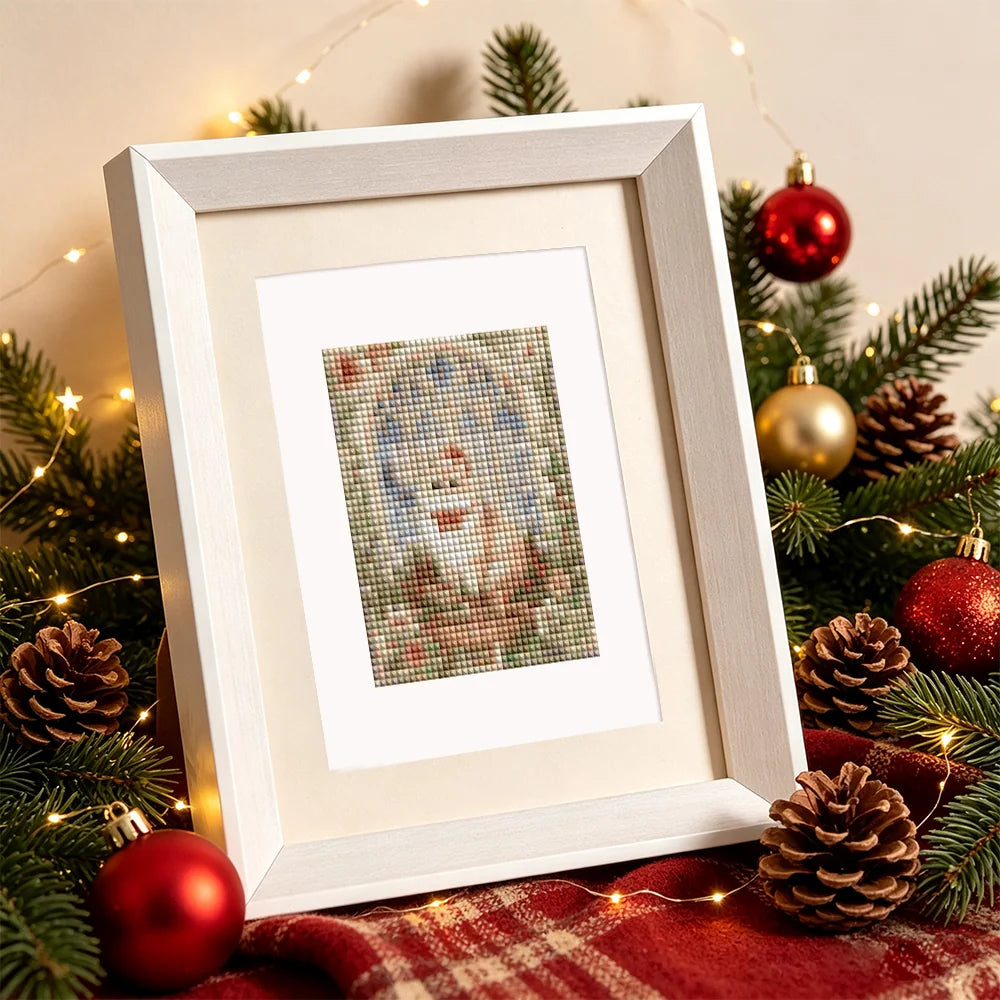 Framed Vintage Christmas Windows mini diamond painting artwork displayed in a styled setting