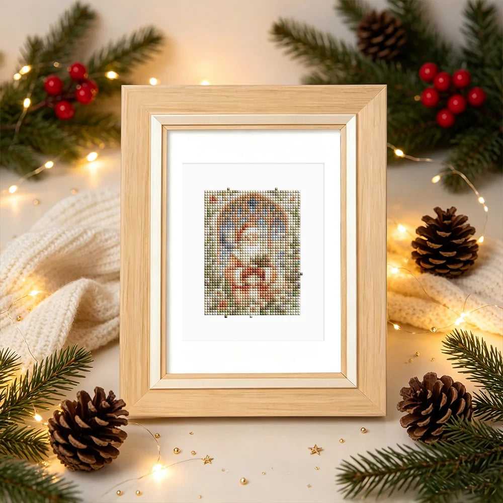 Completed Vintage Christmas Windows mini diamond painting shown as framed decor
