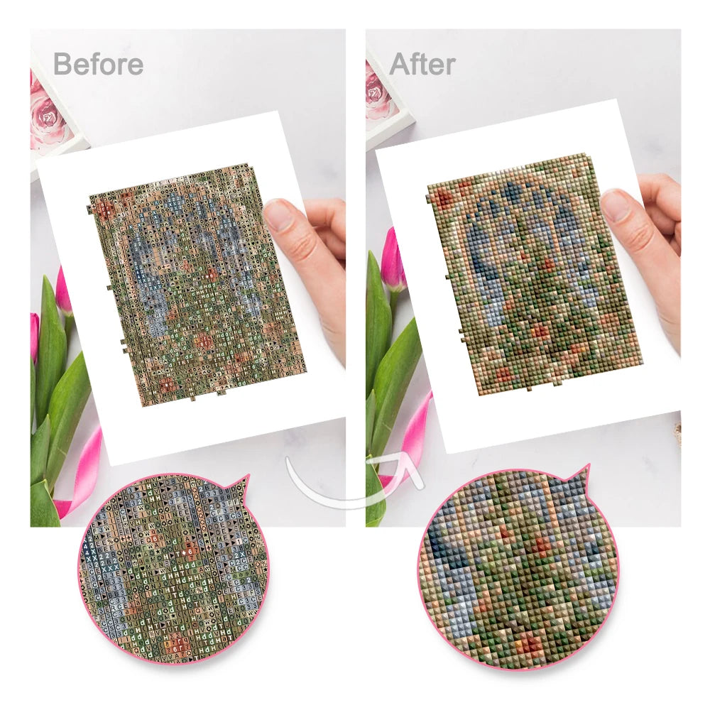 Before and after view of a Vintage Christmas Windows mini diamond painting design