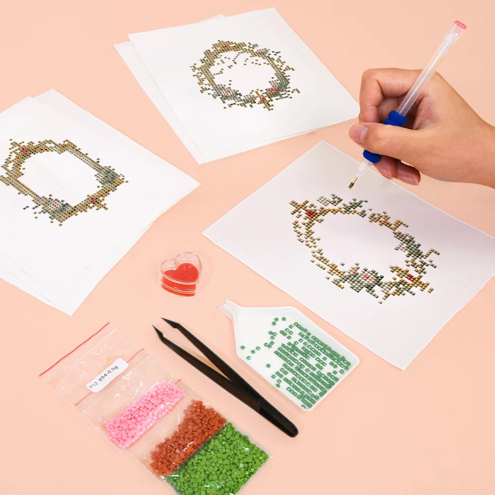 Working on several Vintage Floral Frames mini diamond painting designs with drills and applicator