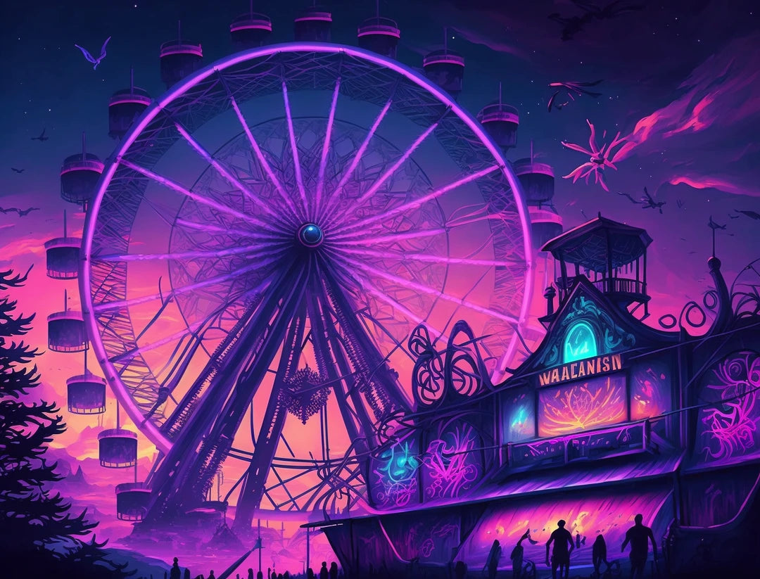 Illuminated Ferris wheel in purple, magenta and pink night colours