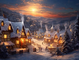 Snow-covered village with steep roofs and warm orange windows
