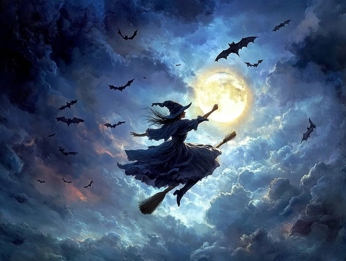 Pointed-hat figure riding a broom through a dark blue moonlit sky