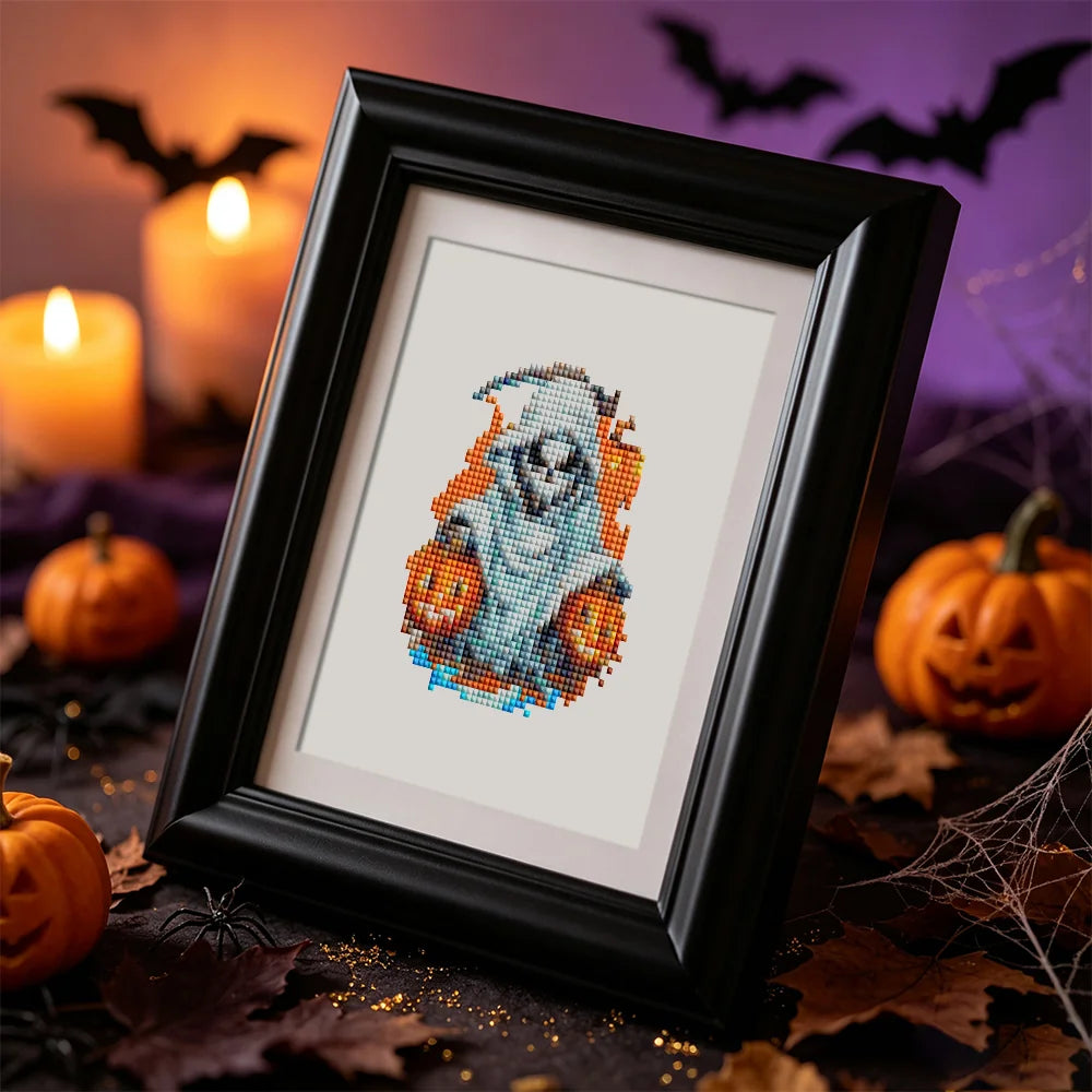 Framed Witchy Pumpkin Parade mini diamond painting artwork displayed in a styled setting