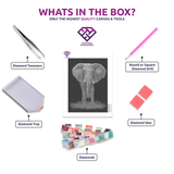 Black & White Elephant diamond painting kit contents shown together