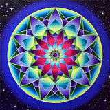 Blue and purple kaleidoscope mandala with turquoise patterns and bright green and yellow accents