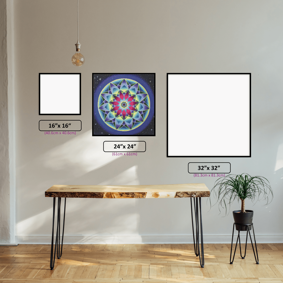 Blue Kaleidoscope diamond painting displayed in a room setting