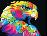 Eagle in profile with a curved beak and bright yellow, pink and blue feathers